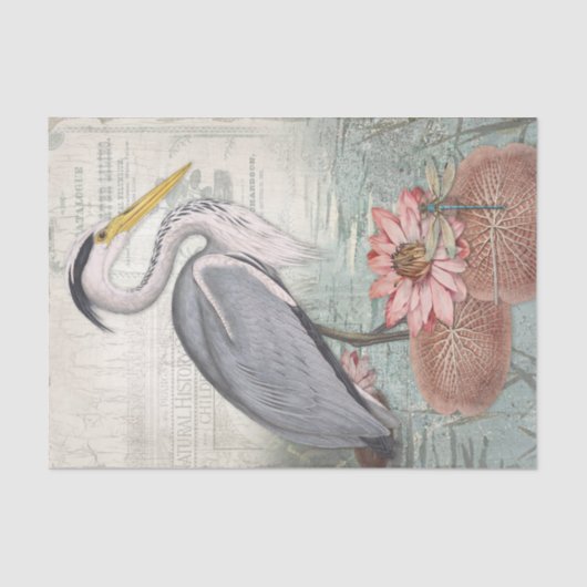 Grijze Heron Water Lily Pond  Decoupage Art Tissuepapier (Voorkant)