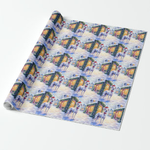 Grijze Hond Besneeuwd Dorp Kerstmuts Kerst Kunst Cadeaupapier