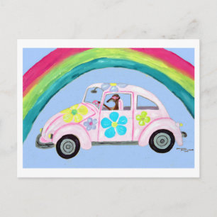 Grijze Hond in Hippie Auto met Regenboog Uitnodiging Briefkaart