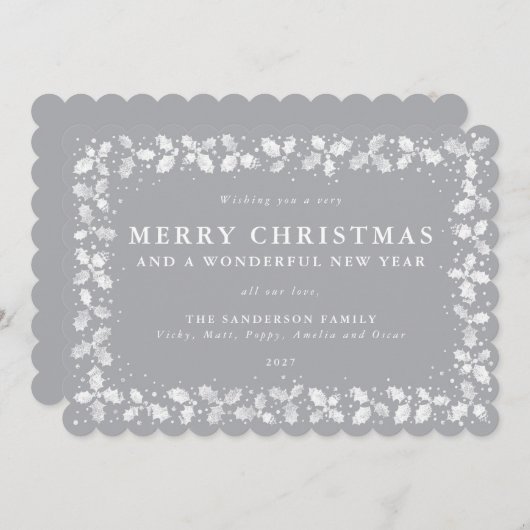 Grijze hulstblaadjesrand plat niet-foto feestdagenkaart (Voorkant / Achterkant)