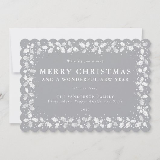 Grijze Hulstbladeren Rand Plat Niet-foto Feestdagenkaart (Voorkant)