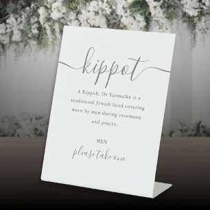 Grijze Joodse Trouwkippot Script Yarmulke Reclamebord Met Voetstuk