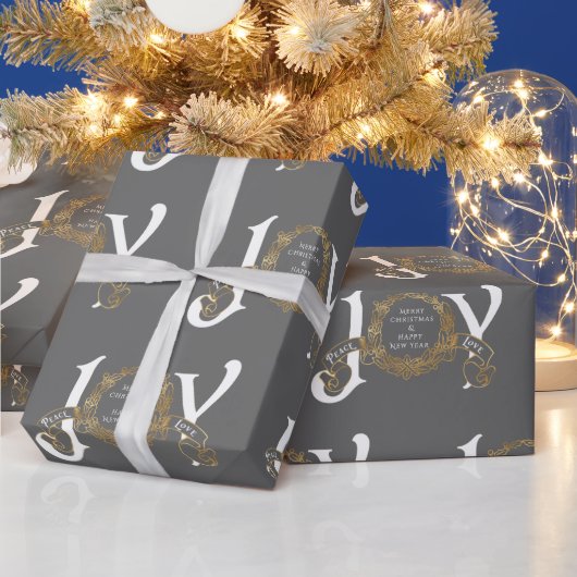 Grijze Joy Peace Love Gold Klassieke kerst Cadeaupapier (Feestdagen)