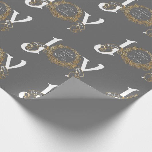 Grijze Joy Peace Love Gold Klassieke kerst Cadeaupapier (Hoek)