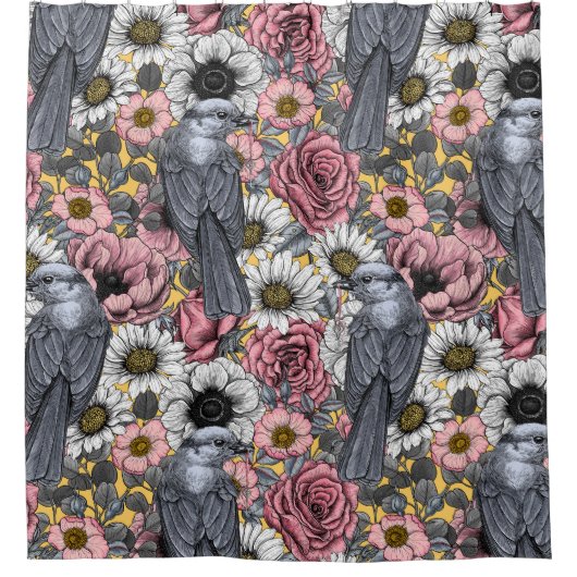 Grijze kaken en bloemen douchegordijn (Voorkant)