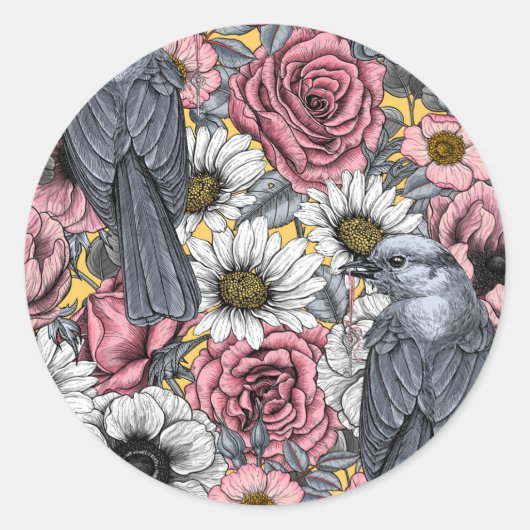 Grijze kaken en bloemen ronde sticker (Voorkant)