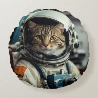 Grijze kat astronaut in de ruimte rond kussen