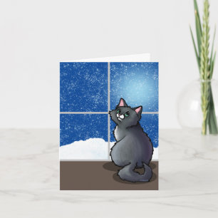 Grijze kat besneeuwd raam werpkussen kaart