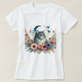Grijze Kat Blauwe Vlinder Bloemen T-shirt