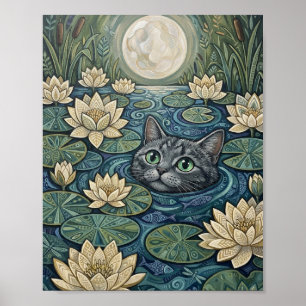 Grijze kat die naar vollemaan kijkt Waterlelie Vij Poster