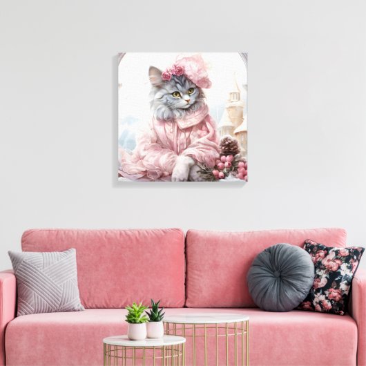 Grijze kat gekleed in roze in een raam canvas afdruk (Insitu (Woonkamer))