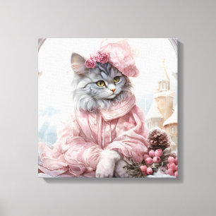 Grijze kat gekleed in roze in een raam canvas afdruk