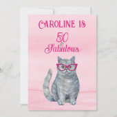 Grijze Kat, Helder Roze, 50 & Fabulous, Verjaardag Kaart (Voorkant)