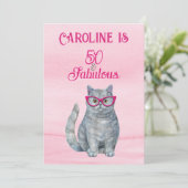 Grijze Kat, Helder Roze, 50 & Fabulous, Verjaardag Kaart (Staand voorkant)