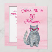 Grijze Kat, Helder Roze, 50 & Fabulous, Verjaardag Kaart (Voorkant / Achterkant)