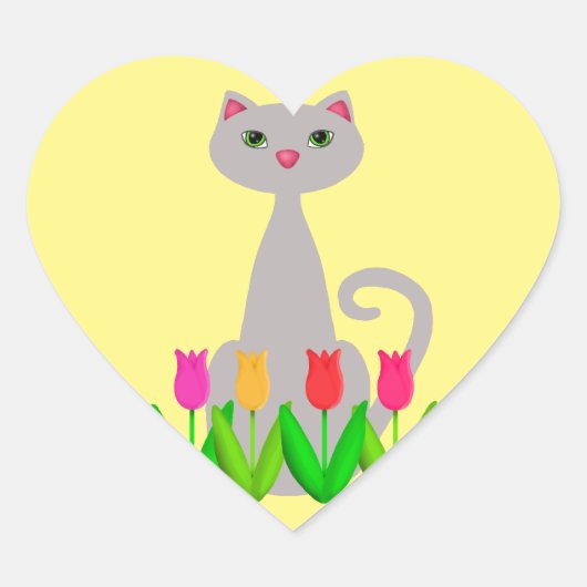 Grijze Kat in Lente Bloemen Hart Sticker (Voorkant)