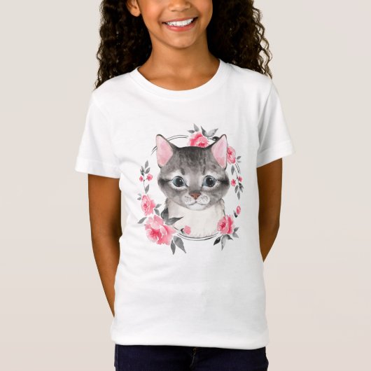 Grijze kat met bloemen. Waterverf T-shirt (Voorkant)