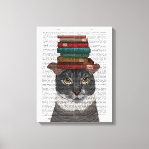 Grijze kat met Boeken op kop Canvas Afdruk