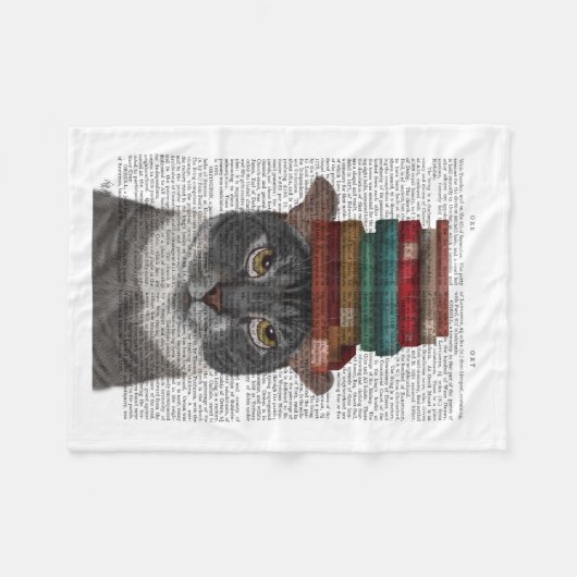 Grijze kat met Boeken op kop Fleece Deken (Voorkant (Horizontaal))