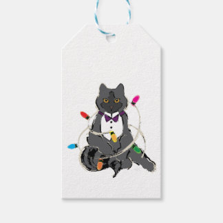 Grijze kat met kerstviering LIghts Cadeaulabel