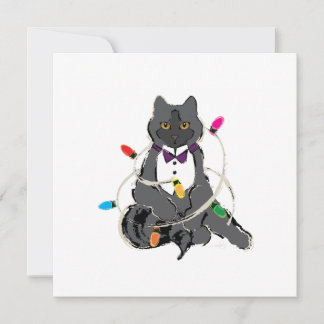 Grijze kat met kerstviering LIghts Feestdagenkaart