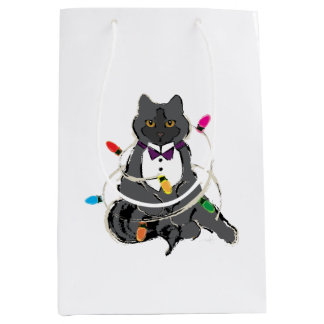 Grijze kat met kerstviering LIghts Medium Cadeauzakje