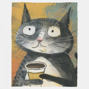 Grijze kat met koffie op oker fleece deken