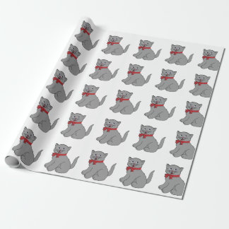 Grijze kat met rood krulpapier cadeaupapier