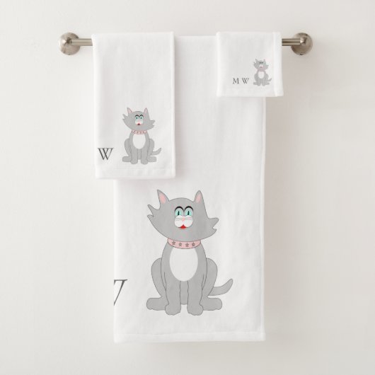 Grijze kat ontwerp monogram bad handdoek (Insitu)