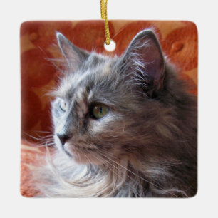 Grijze kat op coach keramisch ornament