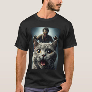 Grijze kat selfie met zombie grappige huisdier eig t-shirt