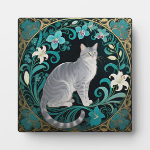 Grijze Kat Sierlijke Bloemrijke Lijst Fotoplaat
