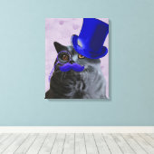Grijze katje met blauw bovenste hak en snor canvas afdruk (Insitu (Houten vloer))