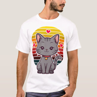 Grijze Kawaii Kat Retro Zonsondergang Anime Kunst T-shirt