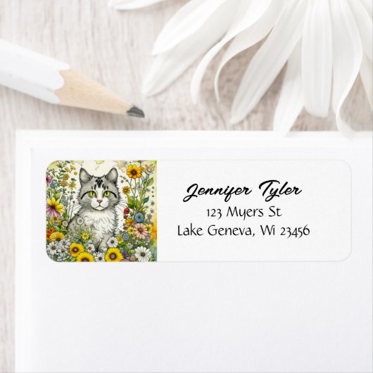 Grijze kitty kat zitten in bloemen etiket (Insitu)