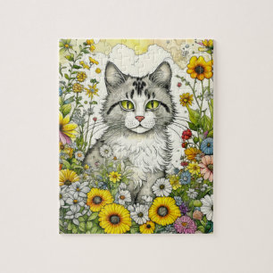 Grijze kitty kat zitten in bloemen legpuzzel