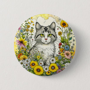 Grijze kitty kat zitten in bloemen ronde button 5,7 cm
