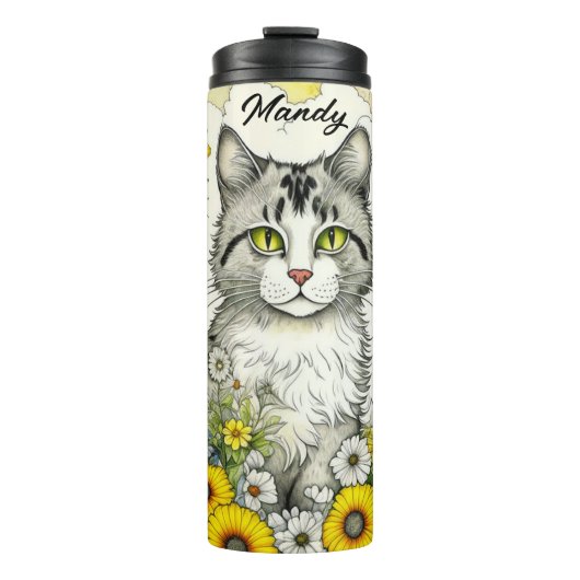 Grijze kitty kat zitten in bloemen thermosbeker (Voorkant)