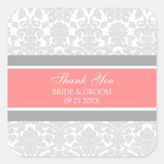 Grijze koraal Damask Dank u bruiloft gunst Labels (Voorkant)