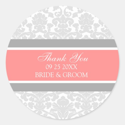 Grijze koraal Damask Dank u bruiloft gunst Labels (Voorkant)