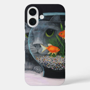 Grijze Langharige Kat en Vissenkom iPhone 16 Hoesje