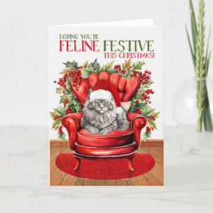 Grijze Langharige Kerstkat FELINE Festive Feestdagen Kaart