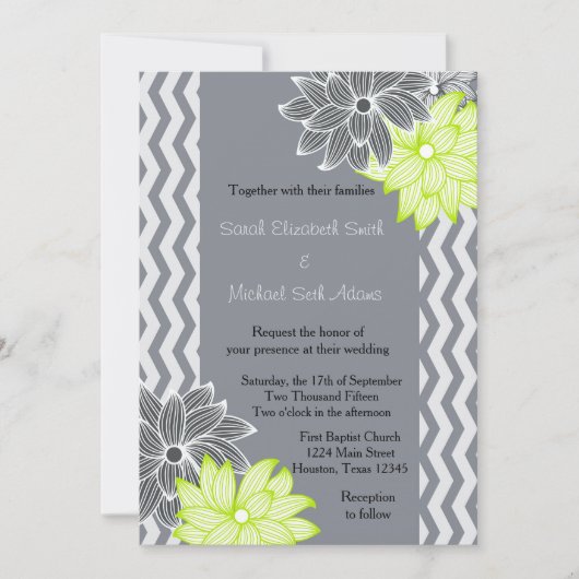 Grijze Lime Groene Chevron Bloemen Huwelijksuitnod Kaart (Voorkant)