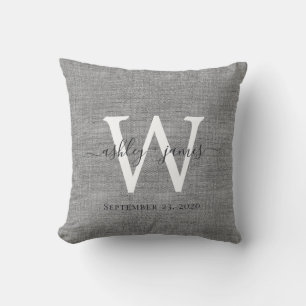 Grijze Linnen Witte Monogram Huwelijksherinnering Kussen