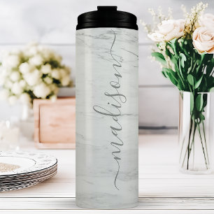 Grijze Marmer Chic Stijlvolle Handtekening Script Thermosbeker