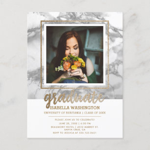 Grijze marmer & Gold Glitter Script Foto Afstudere Uitnodiging Briefkaart