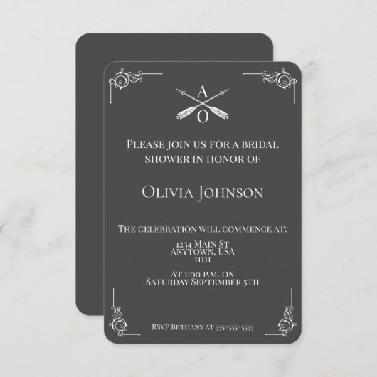 Grijze monogram en pijlen Vrijgezellenfeest Kaart (Voorkant / Achterkant)