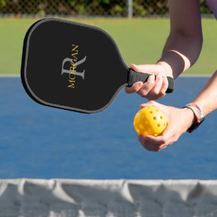 Grijze Monogram & Gouden Naam op Zwart Pickleball Paddle