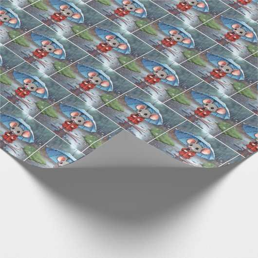 Grijze muis onder paraplu cadeaupapier (Hoek)