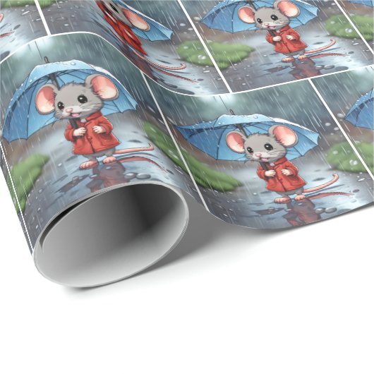 Grijze muis onder paraplu cadeaupapier (Rol Hoek)